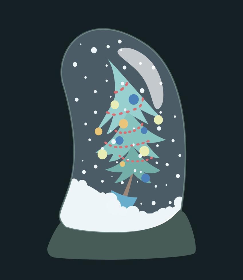 Illustration of a snow globe in a Santa Claus hat. Christmas tree in a snow globe. Vector