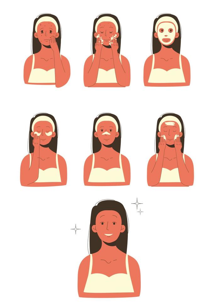 Step-by-step instructions for cleansing and facial care. Vector