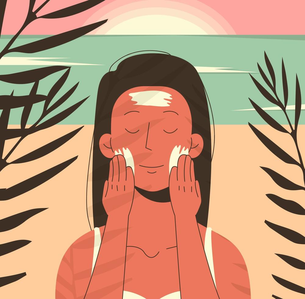 Woman applying sunscreen to skin. Sun protection vector