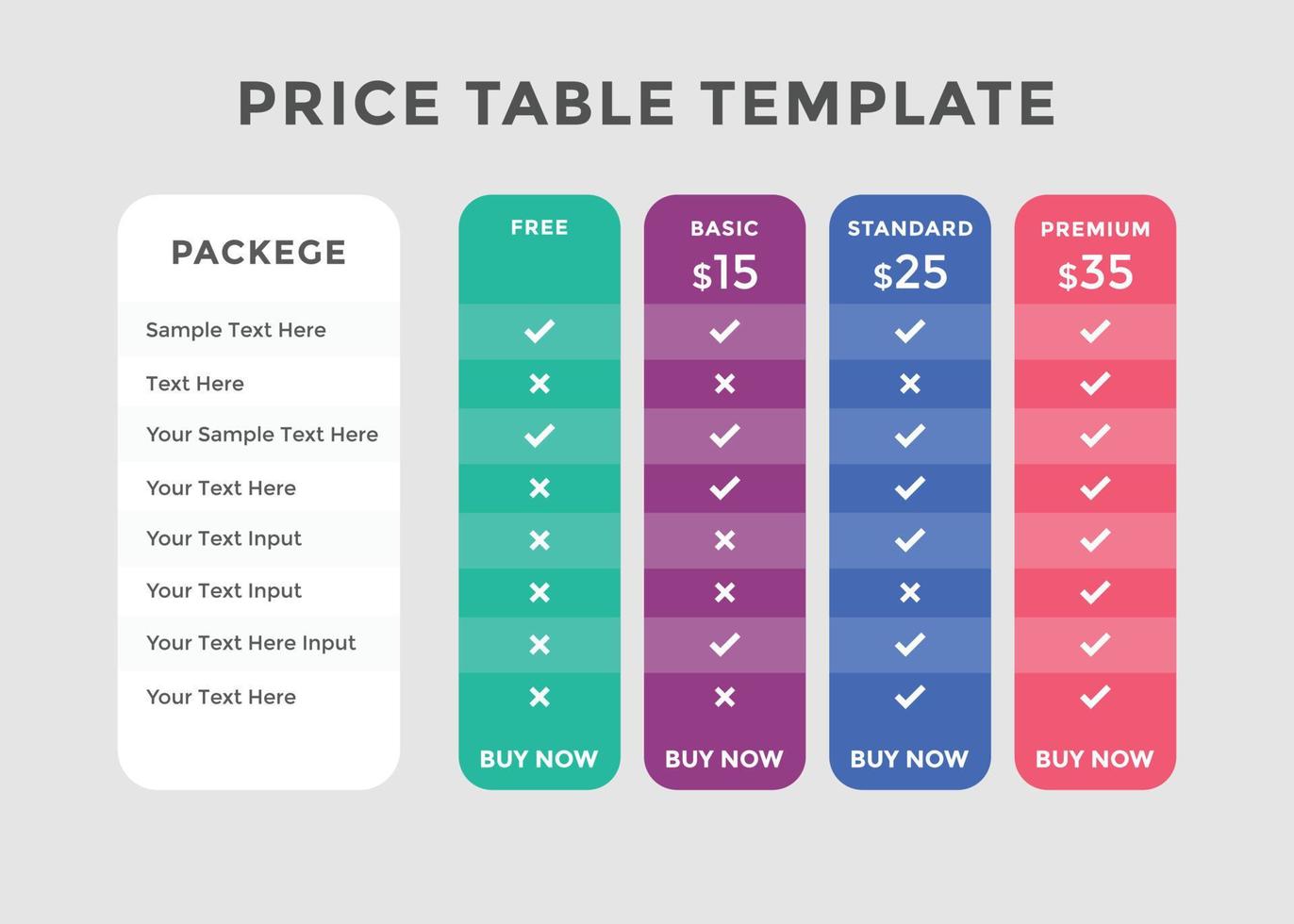 Colorful comparison pricing template. Pricing or subscription plan pricing chart. Price chart template vector