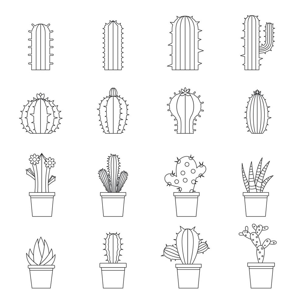 Different cactuses icons set, outline style vector