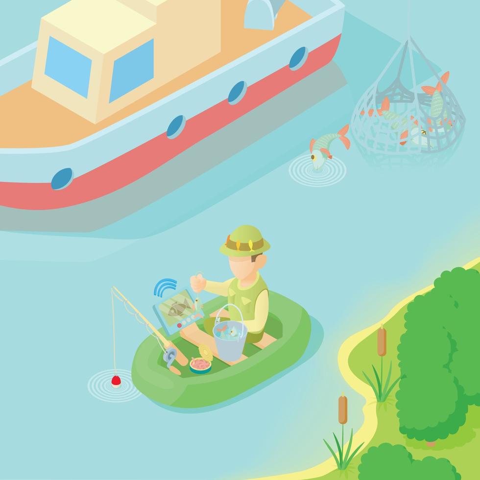 Fishing concept, cartoon style vector