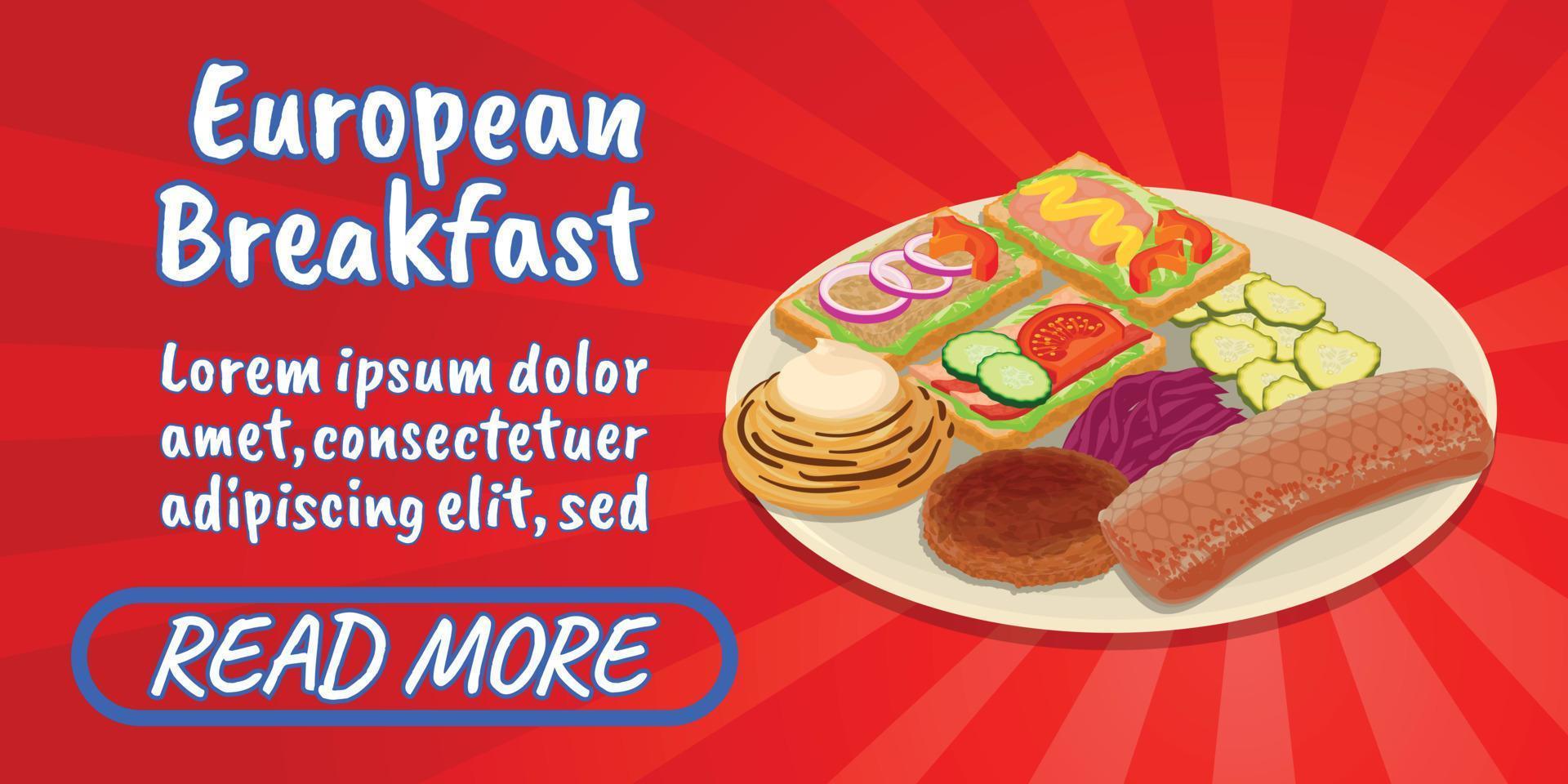 European breakfast concept banner, comics isometric style vector