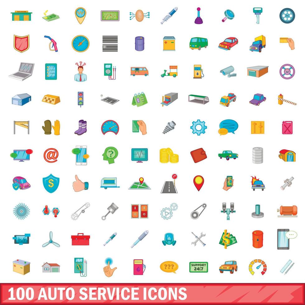 100 auto service icons set, cartoon style vector