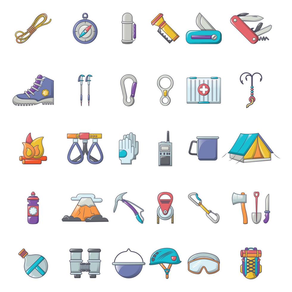 Mountaineering equipment icons set, cartoon style 8558418 Vector Art at