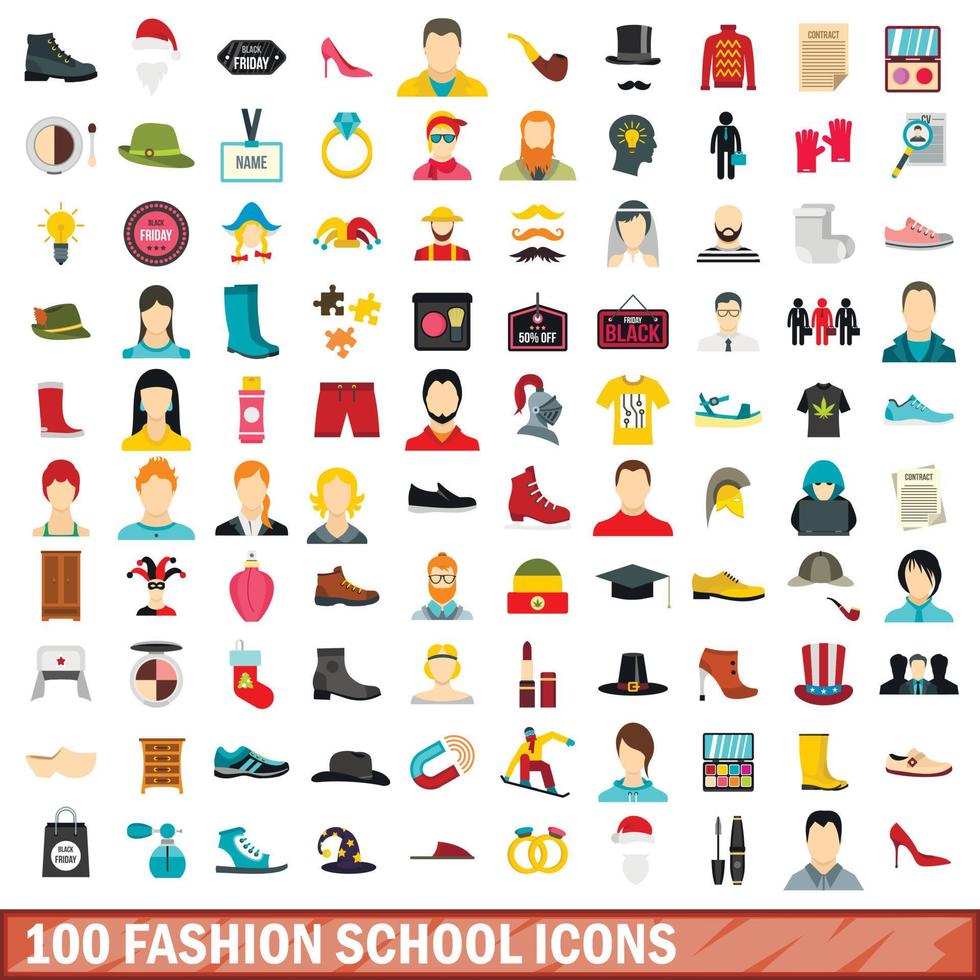 100 fashion school icons set, flat style vector