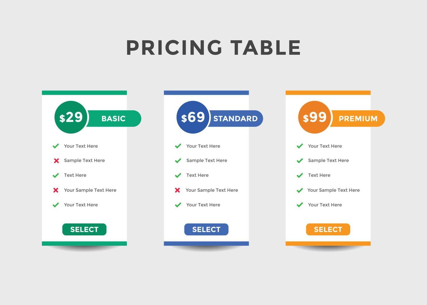 Comparación de precios de paquetes de suscripción. tabla de precios del plan de negocios. tabla de comparación. degradado de color vector