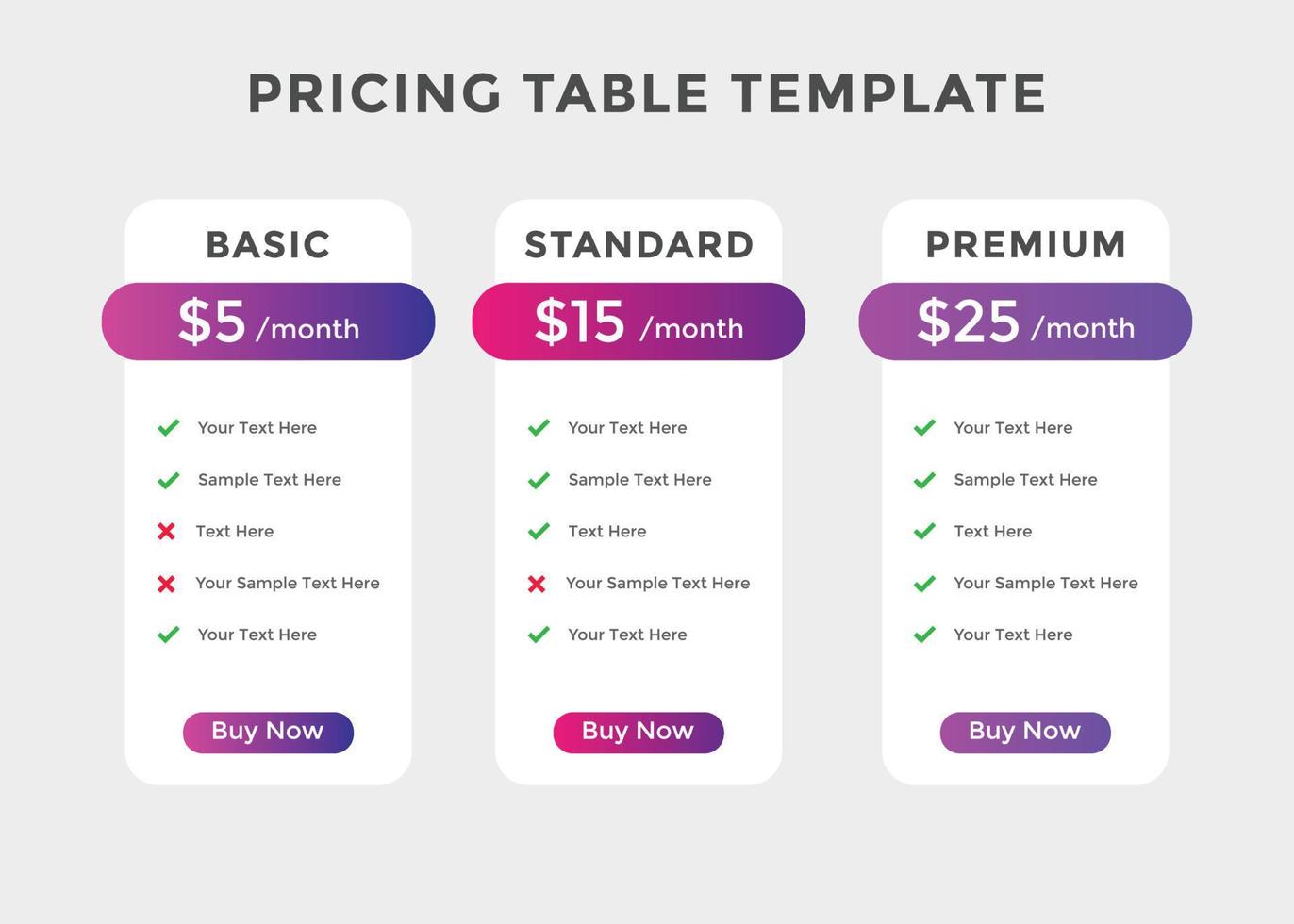 Subscription Package Pricing Comparison. business plan pricing chart. Comparison table. Gradient color vector