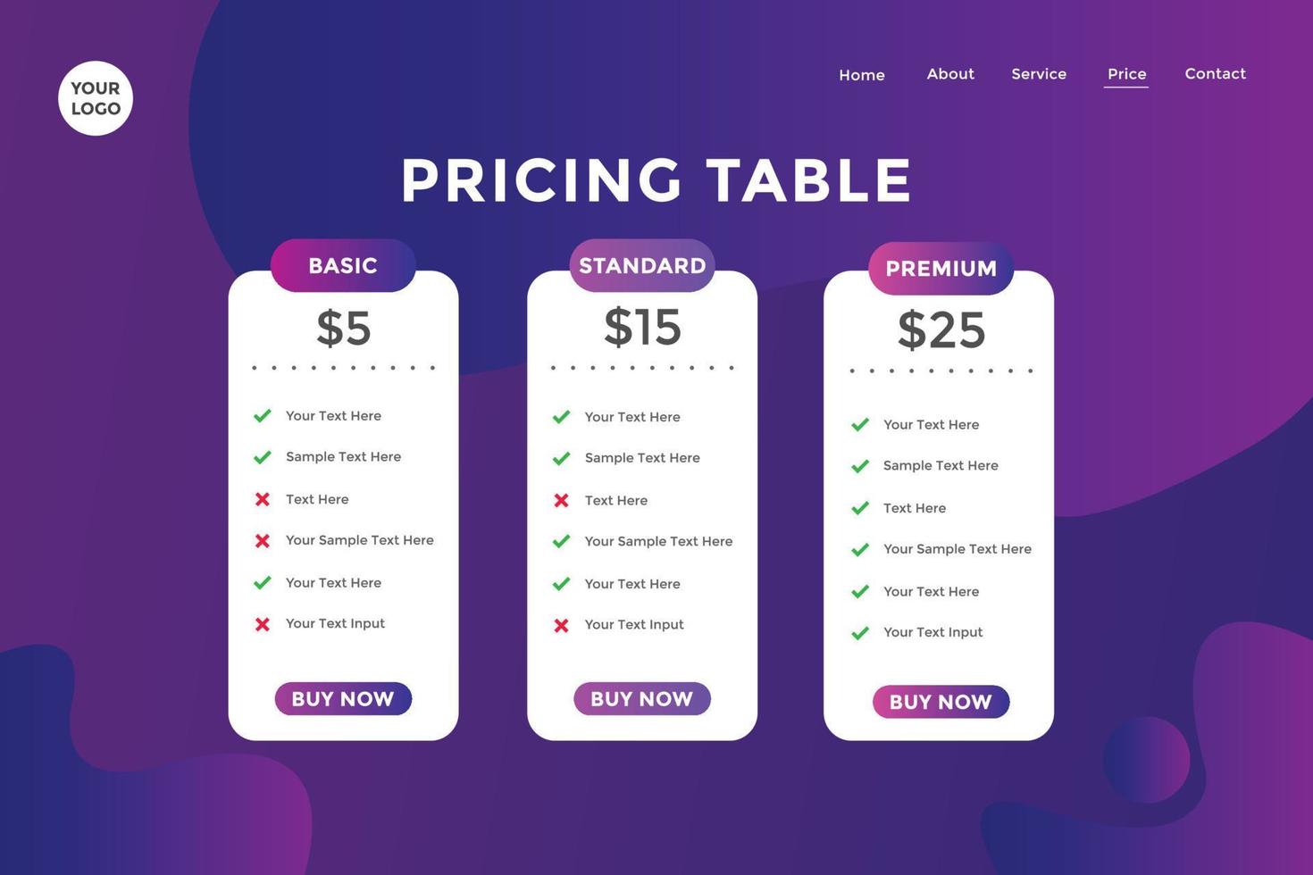 Landing page product package price for website. Price chart template. business plan pricing list. Gradient Color vector