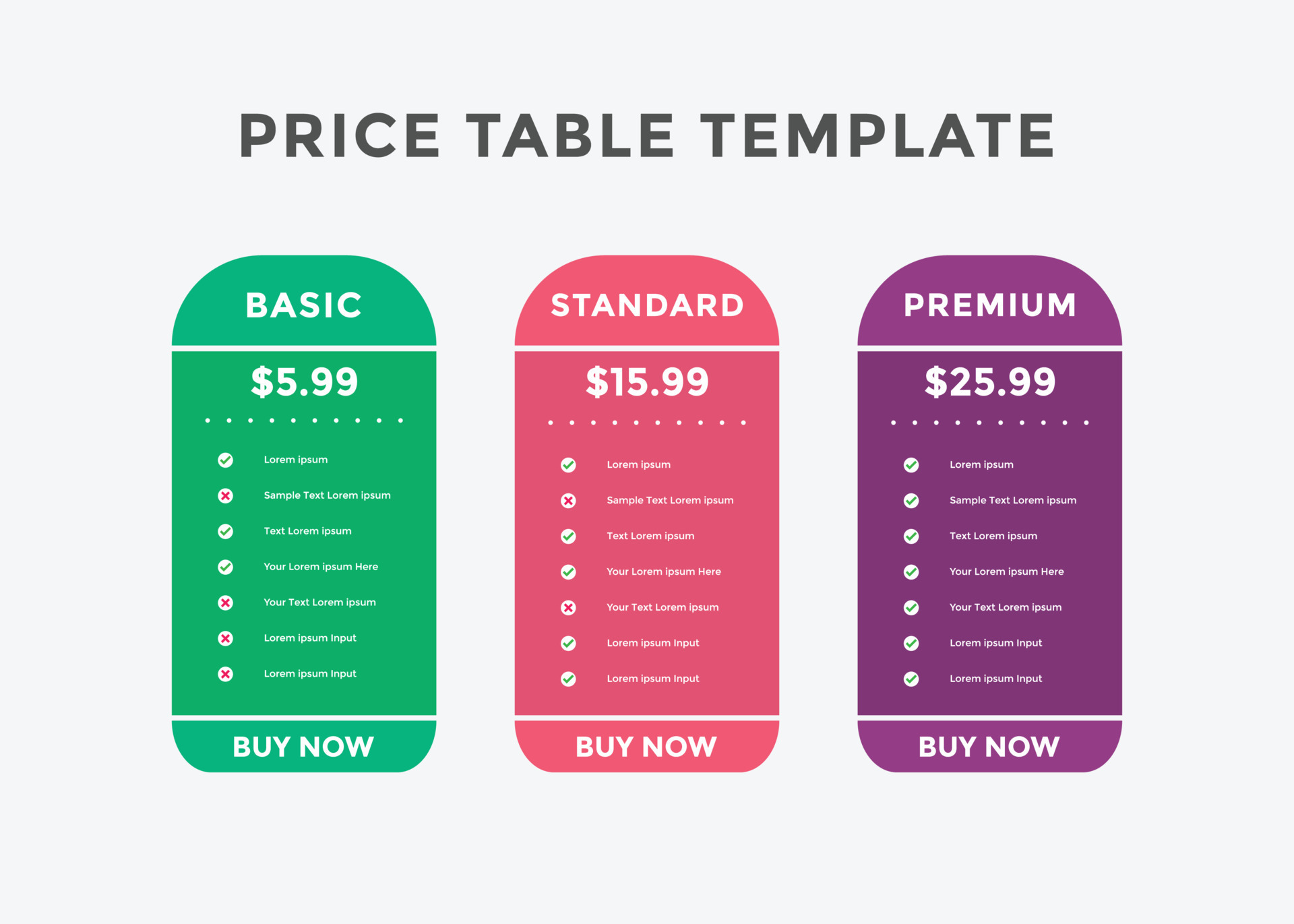 Colorful comparison pricing template. Pricing or subscription plan Colorful comparison pricing template. Pricing or subscription plan
