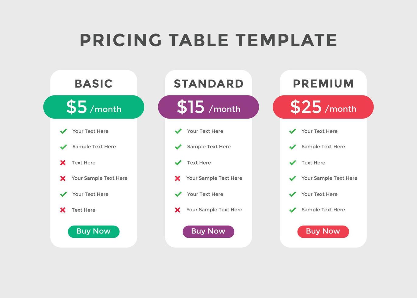 Subscription Package Pricing Comparison. business plan pricing chart. Comparison table. Gradient color vector