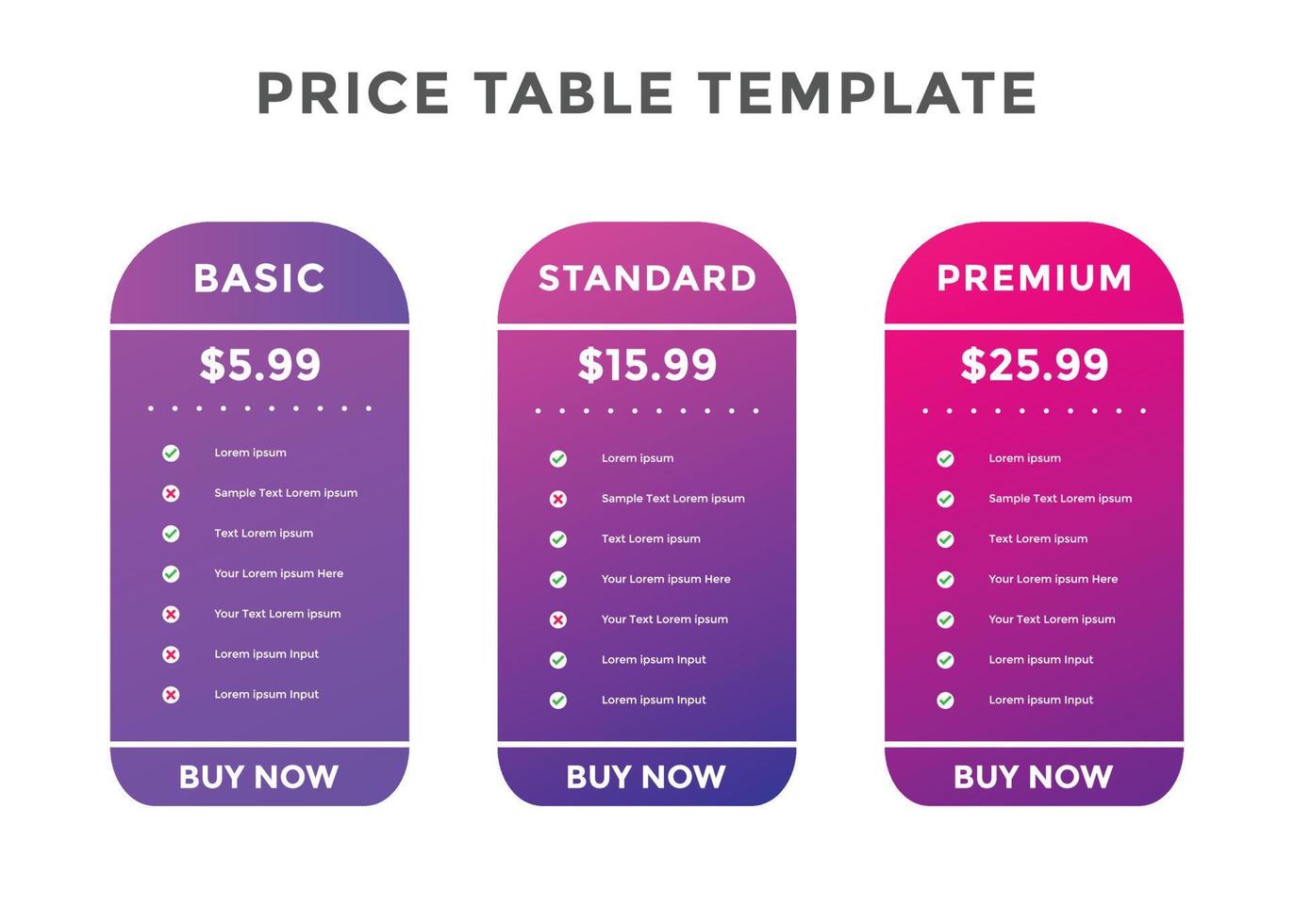 Colorful comparison pricing template. Pricing or subscription plan pricing chart. Price chart template vector