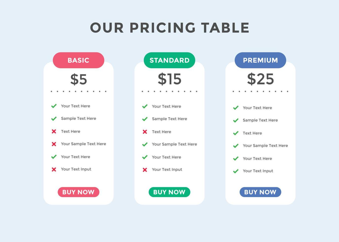 Product price table template. Subscription Package Pricing Comparison. business plans web comparison price vector