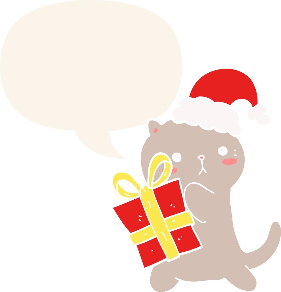 lindo gato de dibujos animados que lleva regalo de navidad y burbuja de habla en estilo retro vector