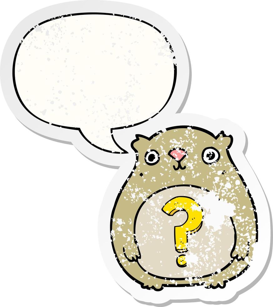cartoon curious bear and speech bubble distressed sticker vector