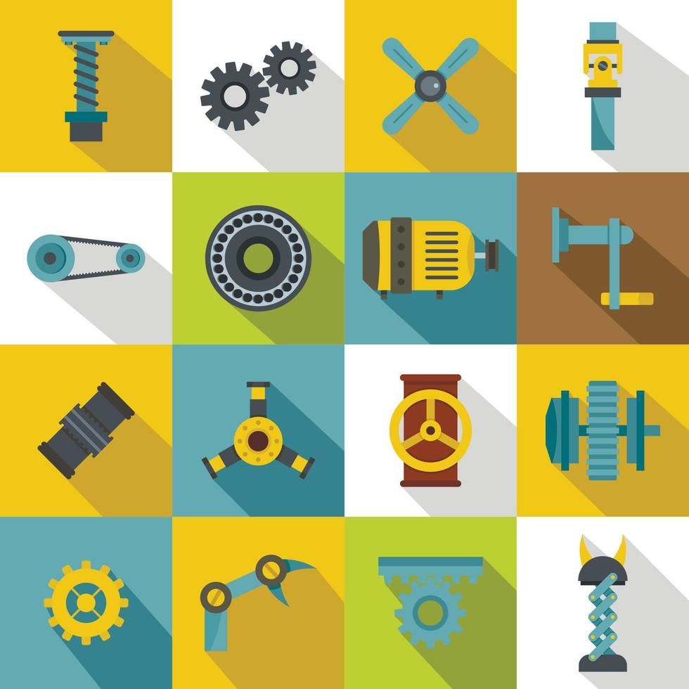 Techno mechanisms kit icons set, flat style vector