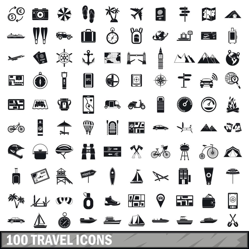 100 travel icons set in simple style vector