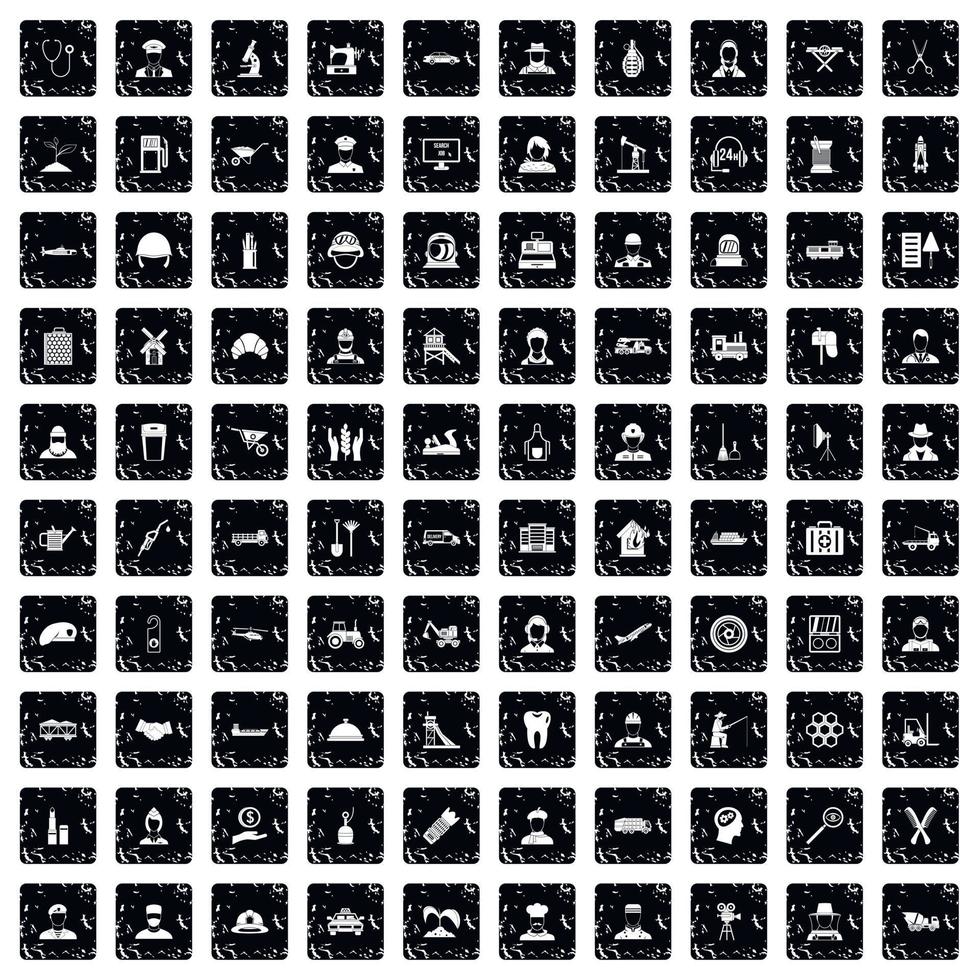 100 job icons set, grunge style vector