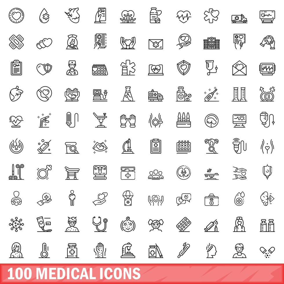 100 medical icons set, outline style vector