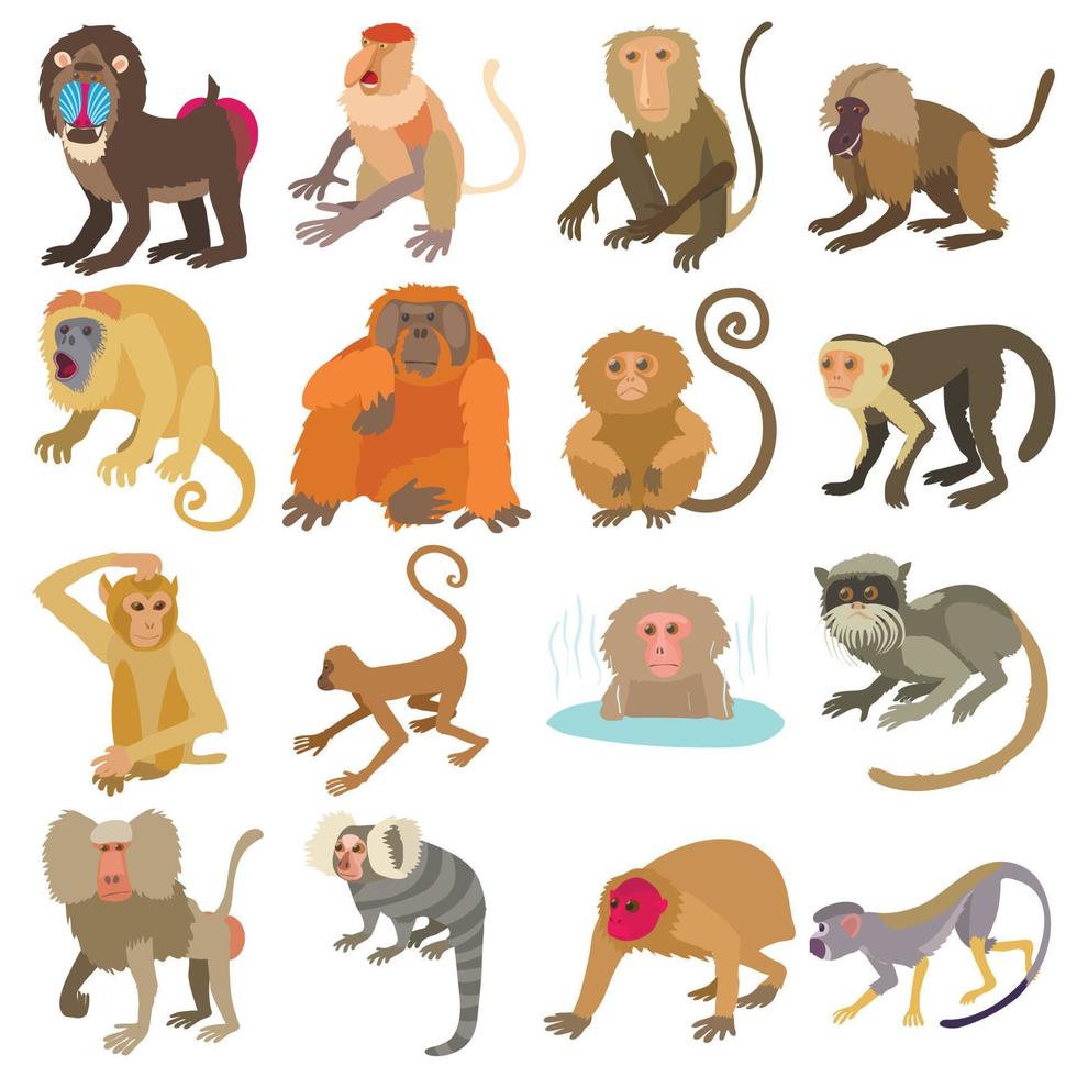Monkeys types icons set, cartoon style vector