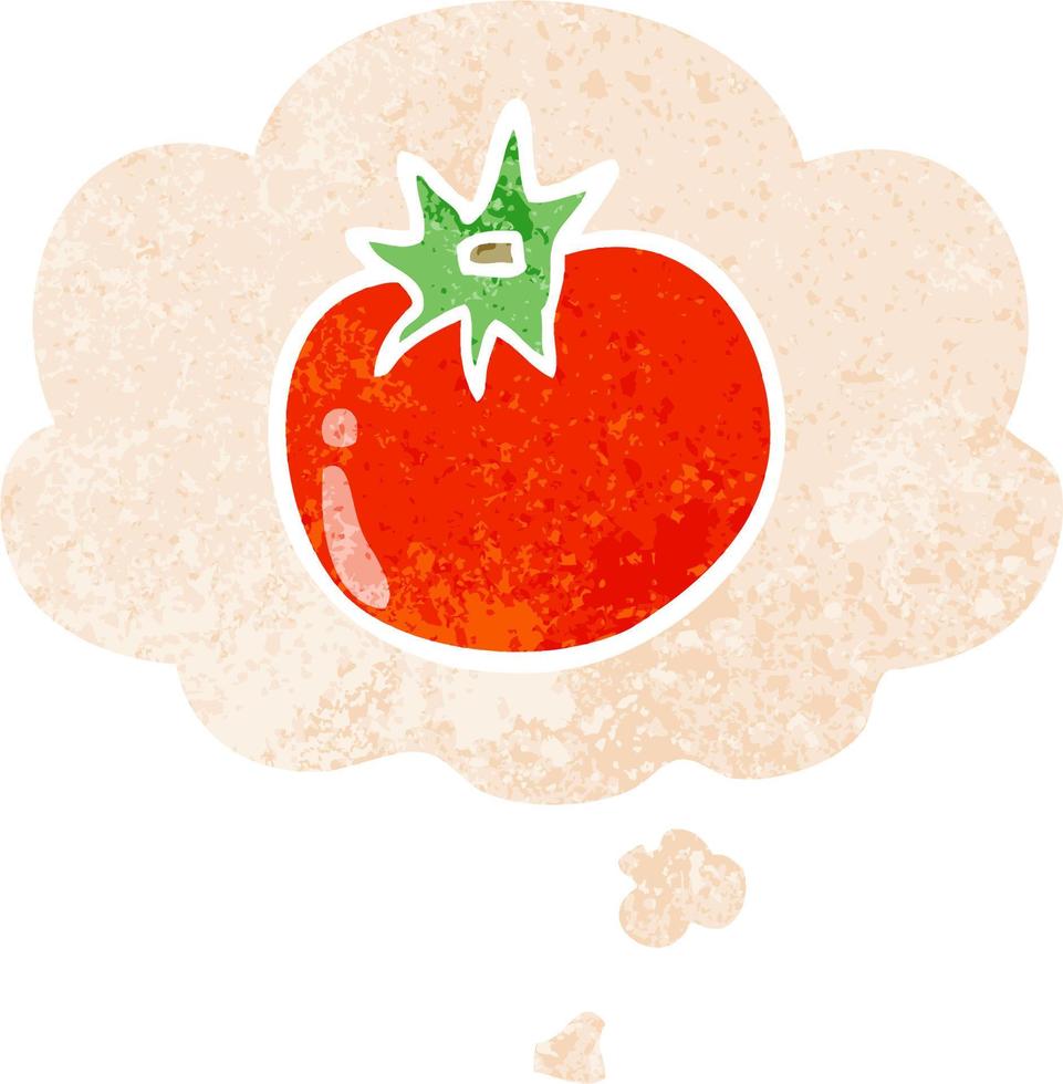 tomate de dibujos animados y burbuja de pensamiento en estilo retro texturizado vector