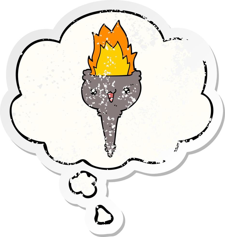cartoon flaming chalice and thought bubble as a distressed worn sticker vector