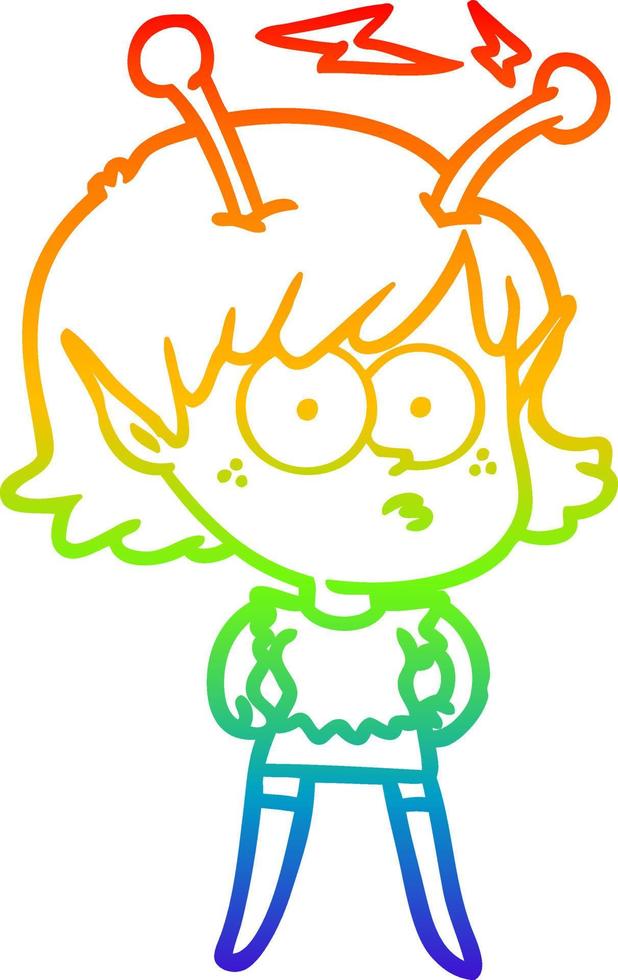 rainbow gradient line drawing cartoon alien girl vector