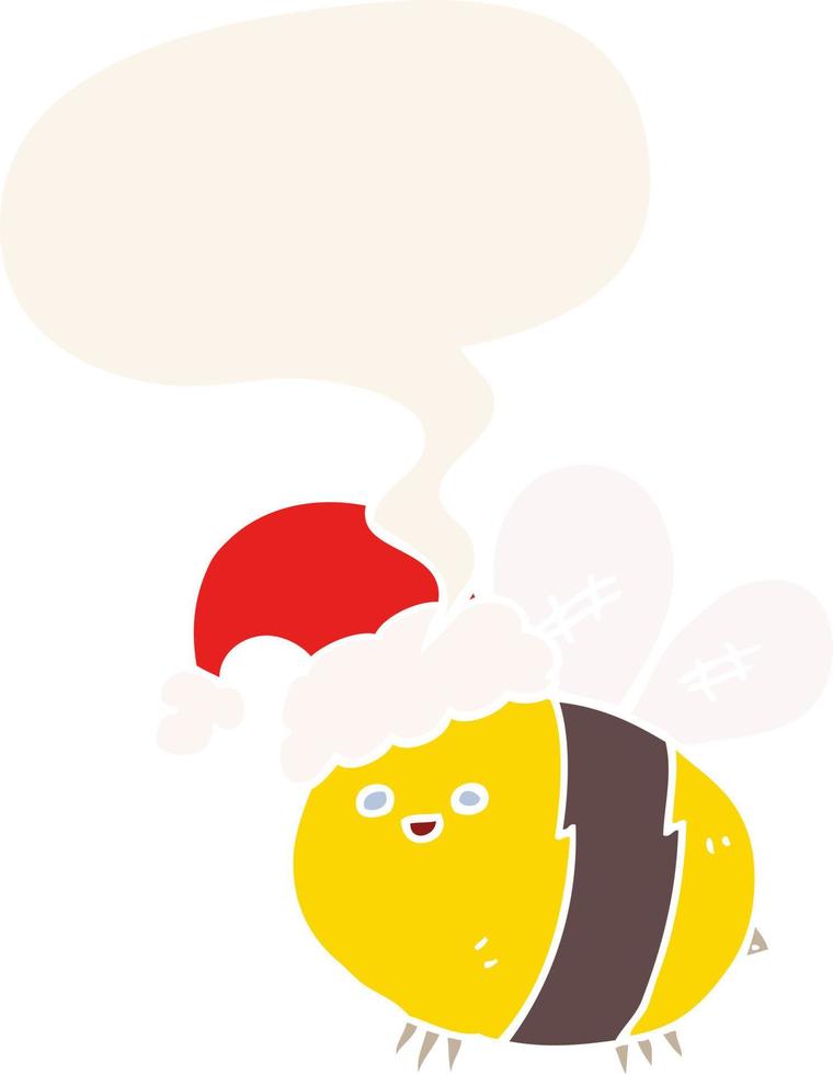 cute cartoon bee wearing christmas hat and speech bubble in retro style vector