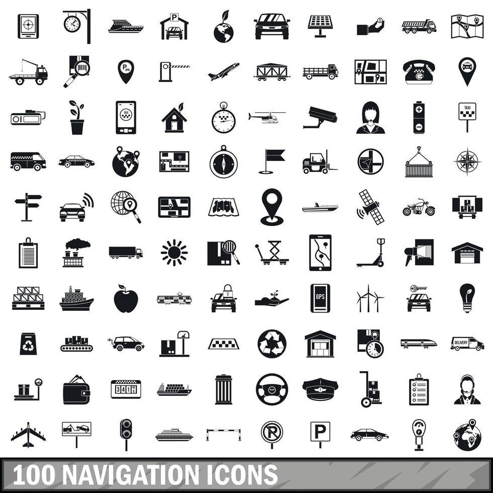 100 navigation icons set, simple style vector