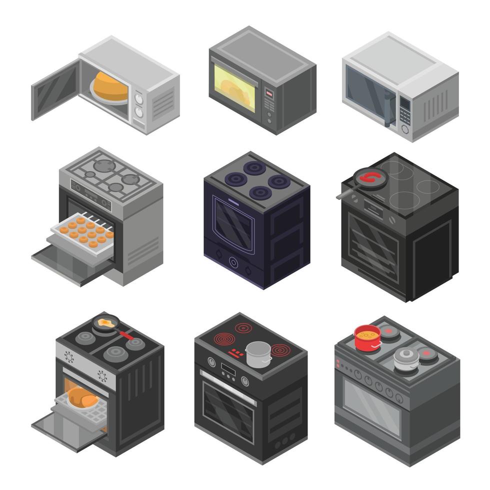 Oven icon set, isometric style vector