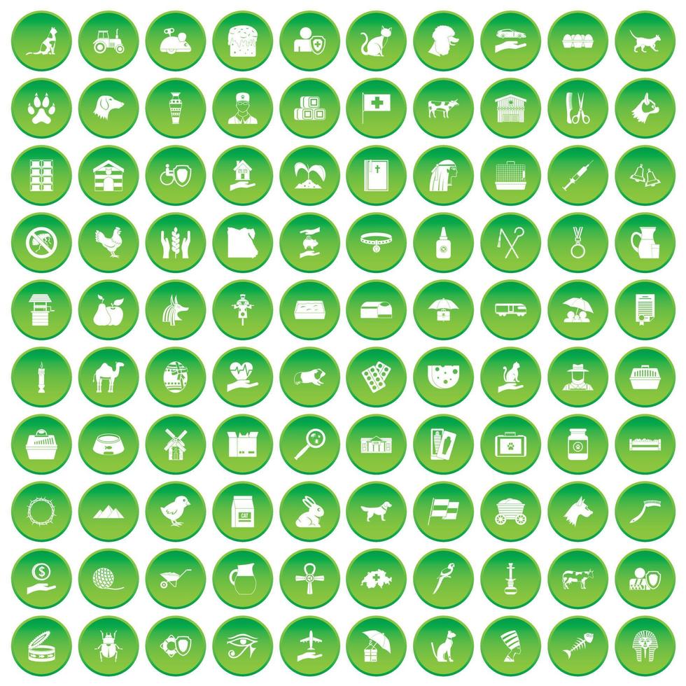 100 pets icons set green circle vector