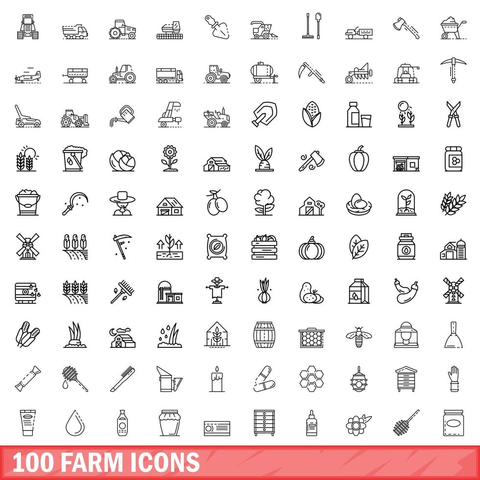 100 iconos de granja, estilo de esquema vector