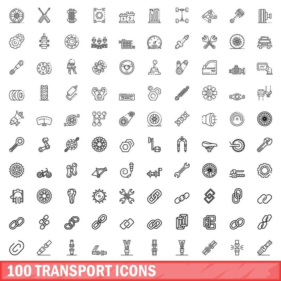 100 transport icons set, outline style vector