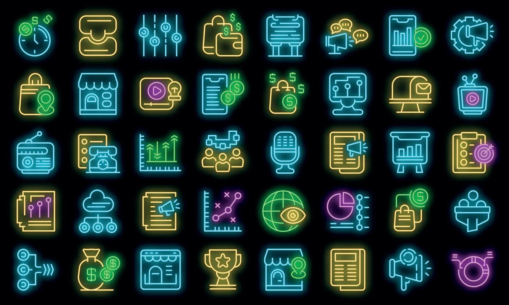 Marketing mix icons set vector neon