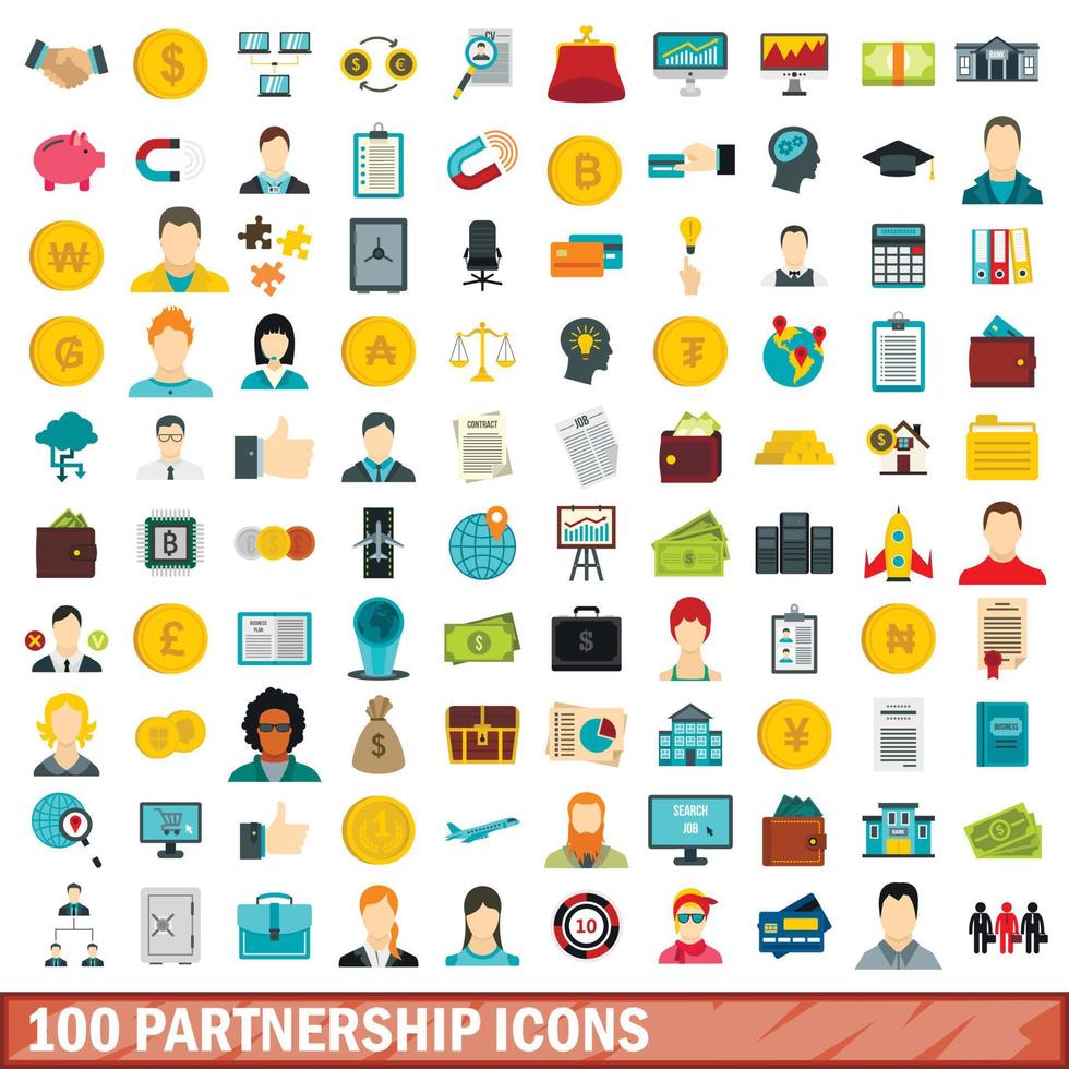 100 partnership icons set, flat style vector