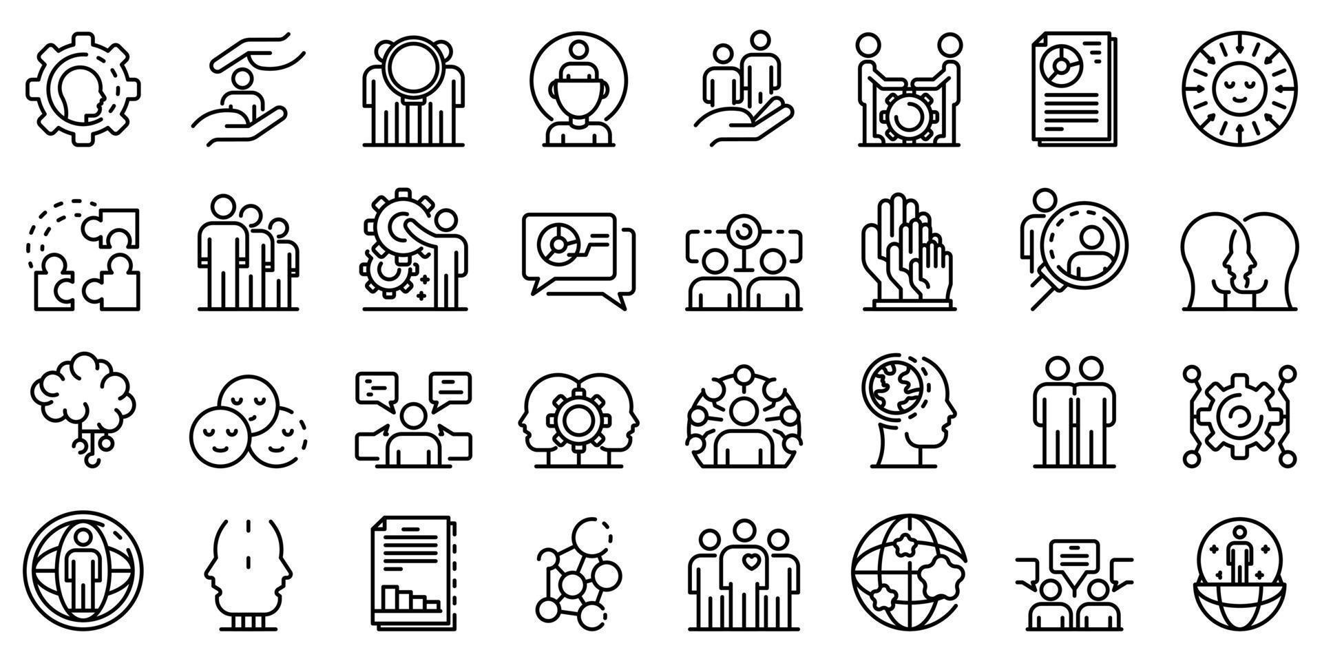 conjunto de iconos de sociología, estilo de esquema vector