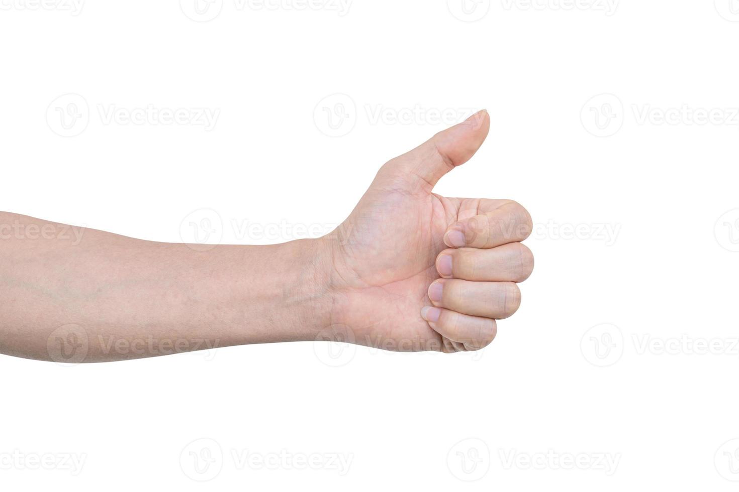 Closeup of male hand showing thumbs sign isolated on white background with clipping path. photo