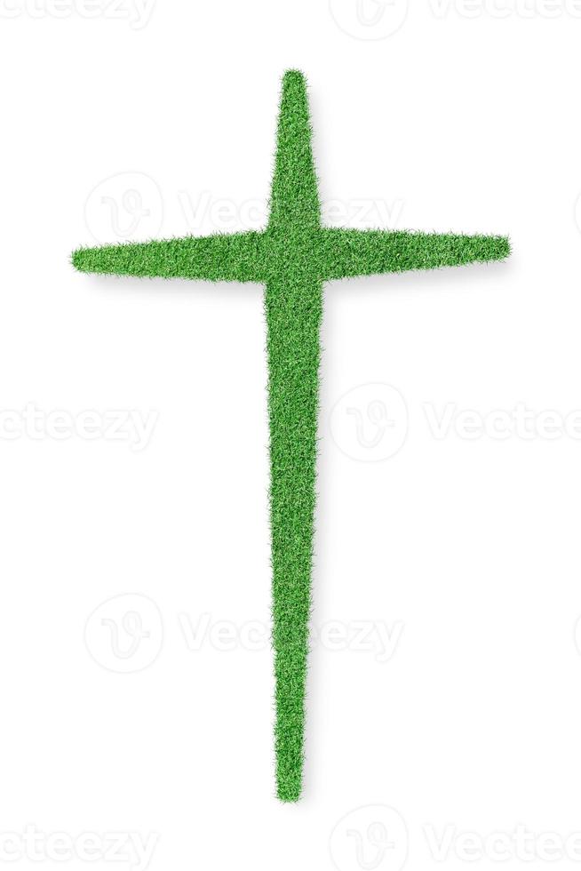 Christian cross made of green grass isolated on white background photo