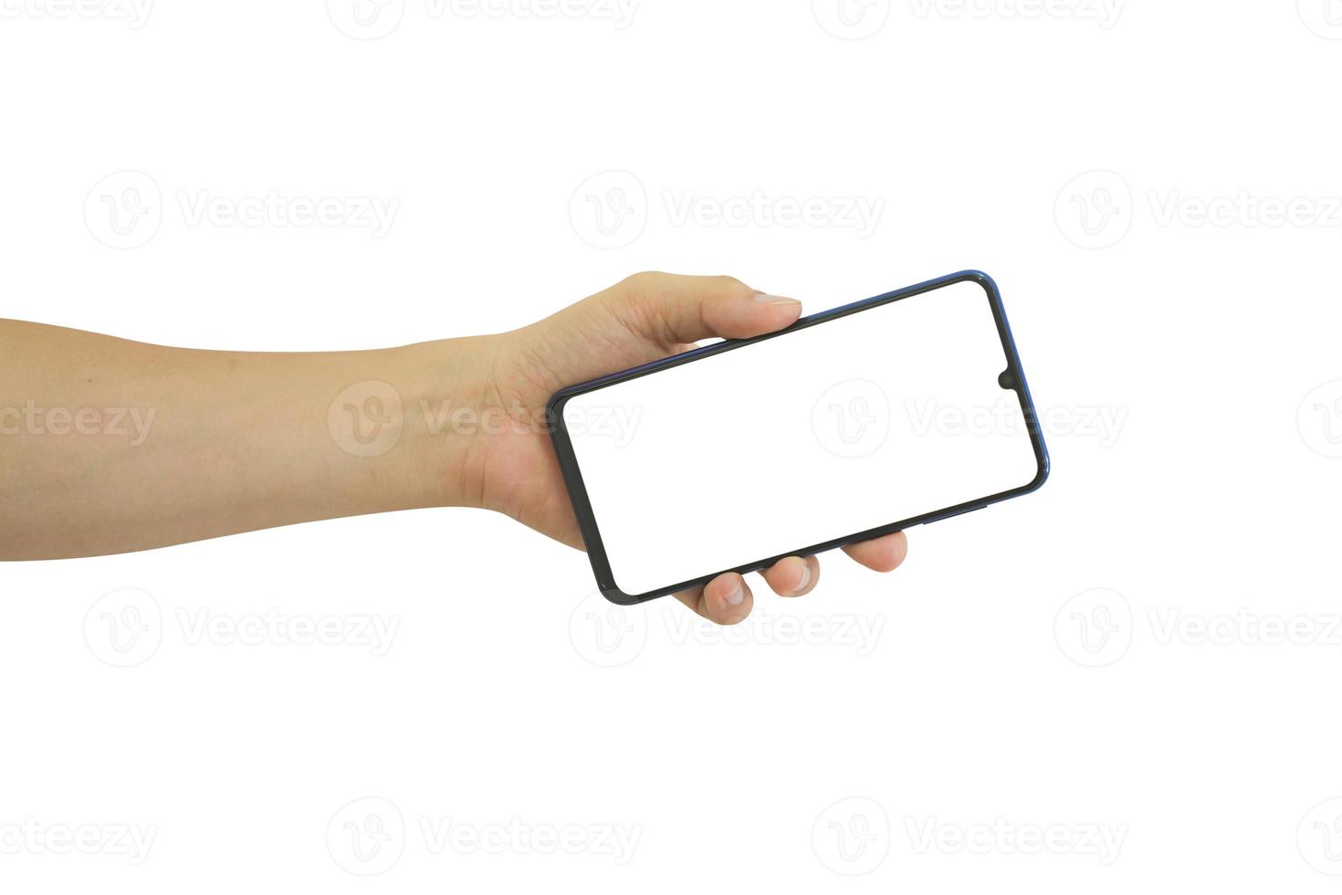 Male hand holding mobile smartphone with blank screen isolated on white background. clipping path include photo