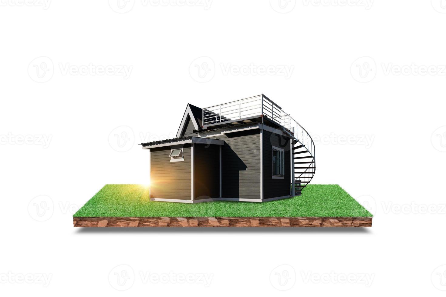 Cross section of ground and home on an island of green grass isolated on white background. photo