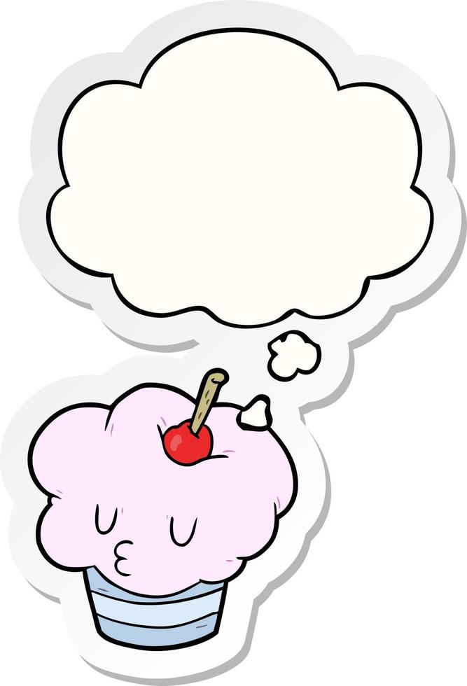 cartoon cupcake and thought bubble as a printed sticker vector