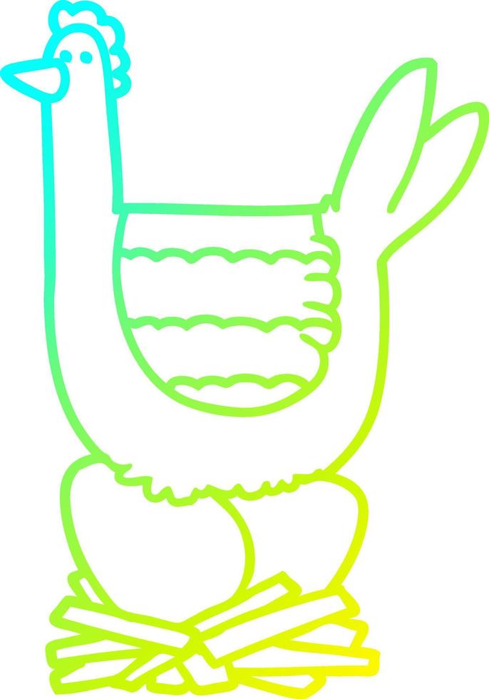 cold gradient line drawing cartoon chicken sitting on eggs in nest vector