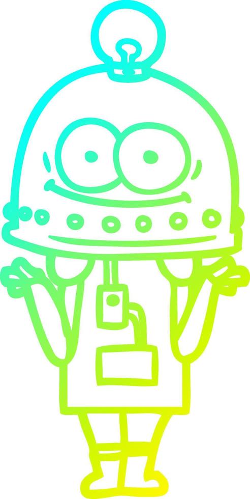 cold gradient line drawing happy carton robot with light bulb vector