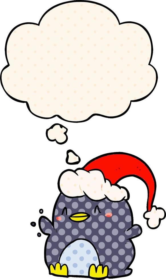 cartoon penguin wearing christmas hat and thought bubble in comic book style vector