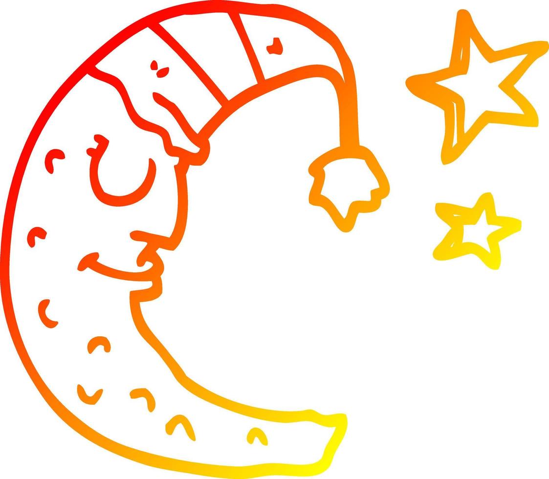 warm gradient line drawing cartoon moon with sleeping cap vector