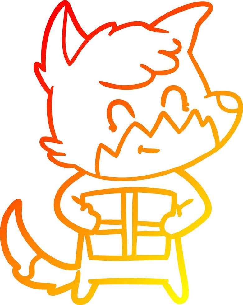 warm gradient line drawing cartoon friendly fox with gift vector