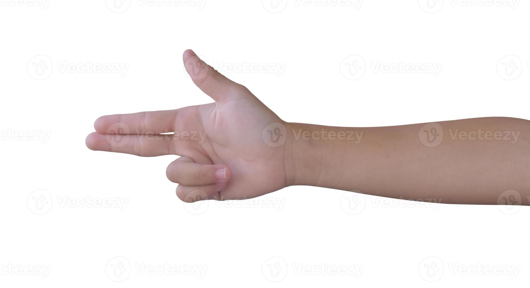 Child hand making shooting gun, gesture on isolated white background. Hand pointing with two finger. photo