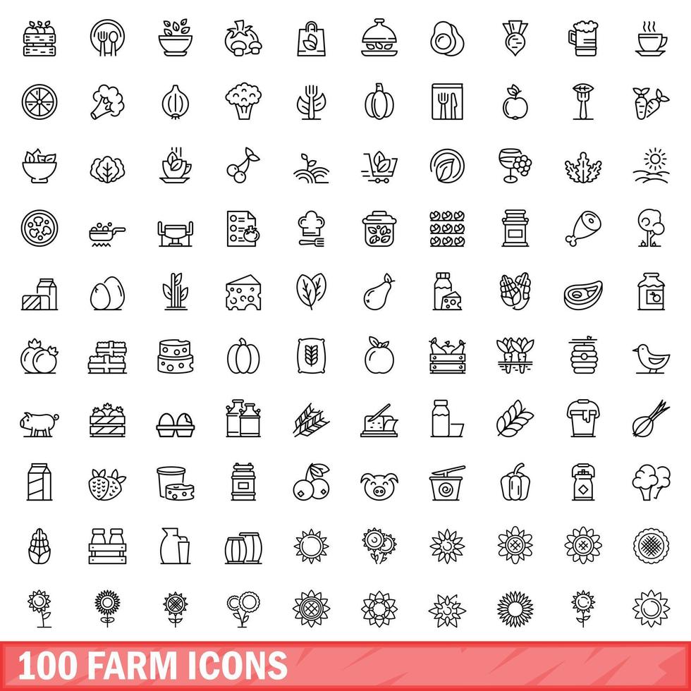 100 iconos de granja, estilo de esquema vector