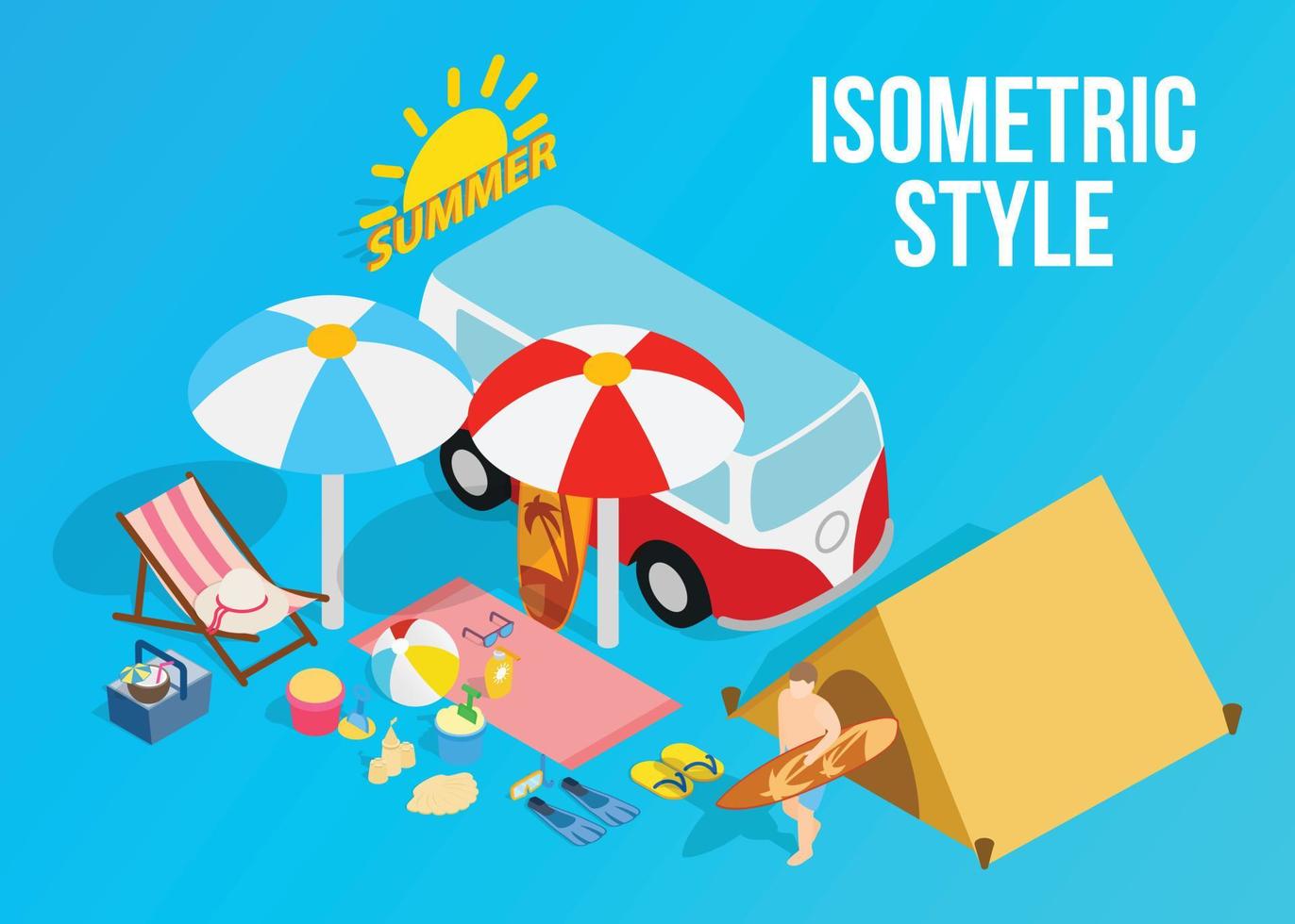 Beach vacation clip art, isometric style vector