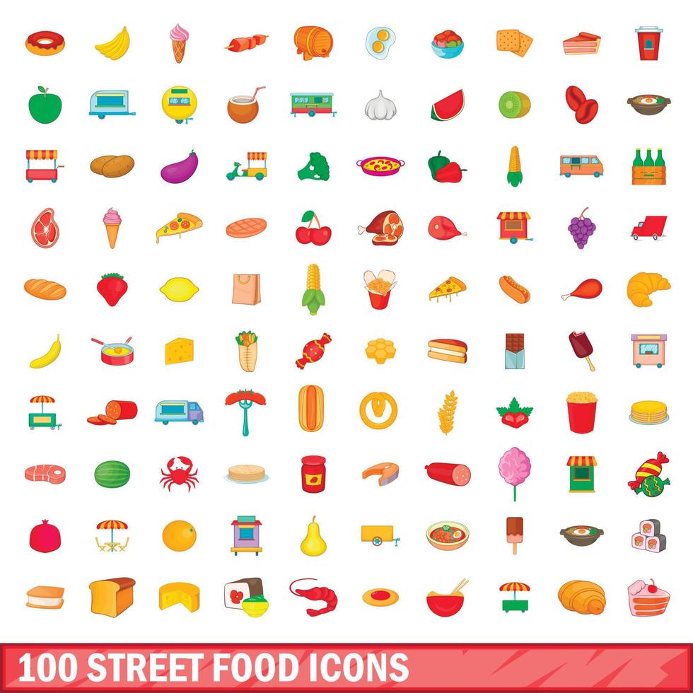 100 iconos de comida callejera, estilo de dibujos animados vector